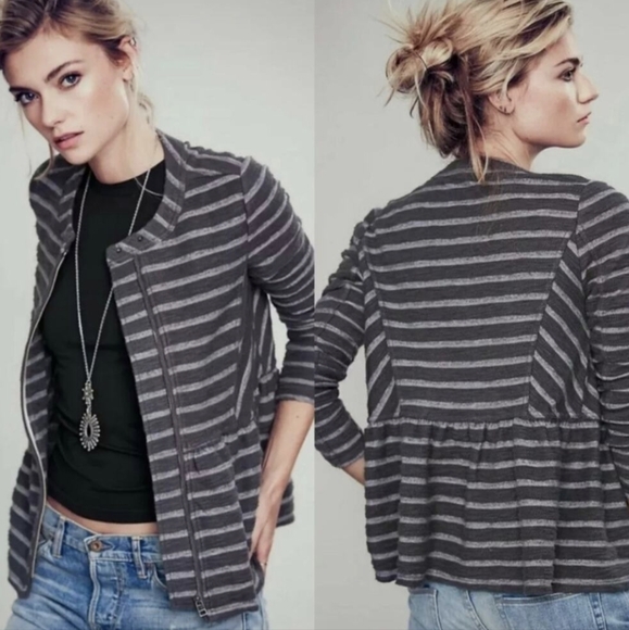 Free People size Large two tone gray stripe distressed relaxed peplum blazer - Picture 1 of 9